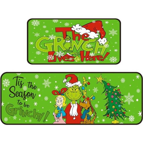Set of 2 Grinch Christmas Kitchen Mats, Non-Slip Waterproof Rugs, 17x29 & 17x48 - Picture 1 of 7